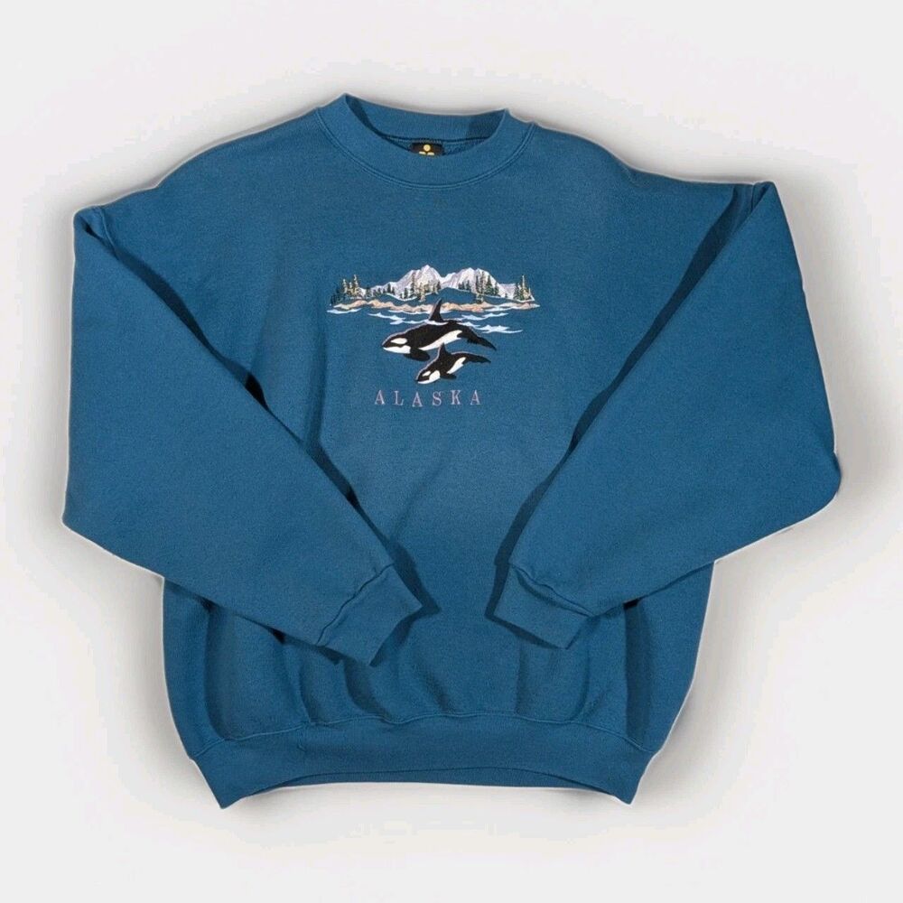 Vintage H.L. Miller Gold Alaska Orca Whale Embroidered Crewneck Sweatshirt USA